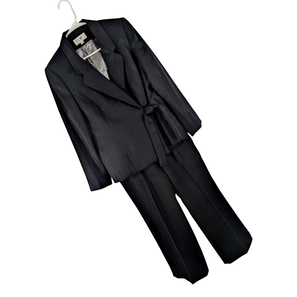 LE SUIT PETITE! BLACK ON BLACK IRIDESCENT PIN STRIPE 2 PC PANTS JACKET SUIT! 12P